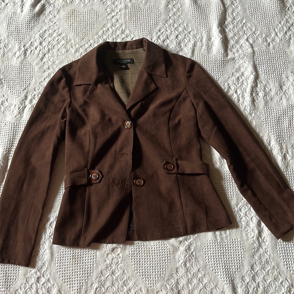 Brown Suede Blazer with three buttons on front! With collar and waist buttons!